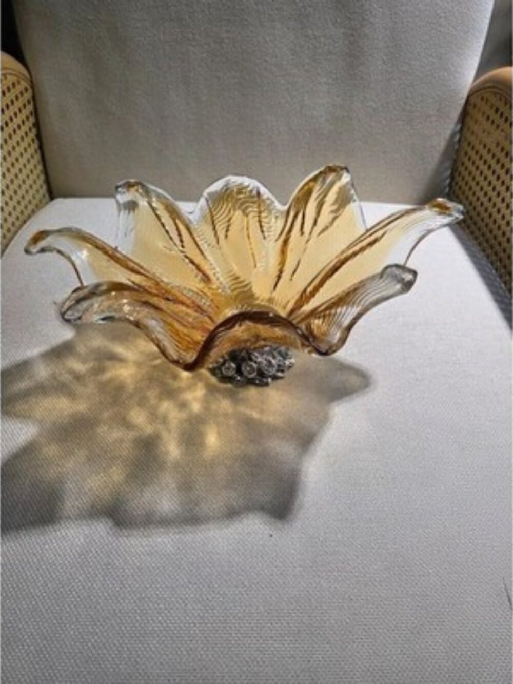 Antica Cristalleria Italiana Murano Amber Glass Silver Footed Bowl 11 3/4” Width